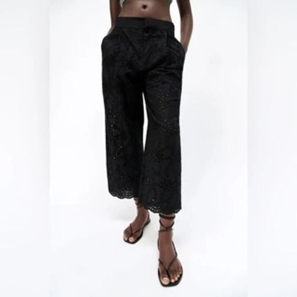 Zara Cutwork Embroidered Eyelet Trousers Black Size M